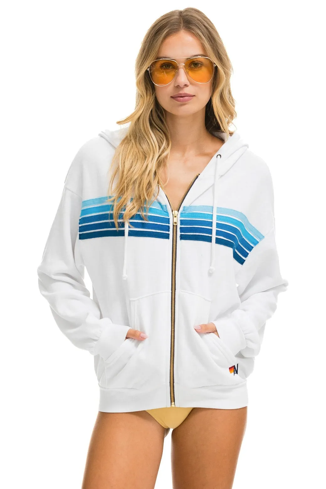 5 STRIPE RELAXED ZIP HOODIE - WHITE // BLUE