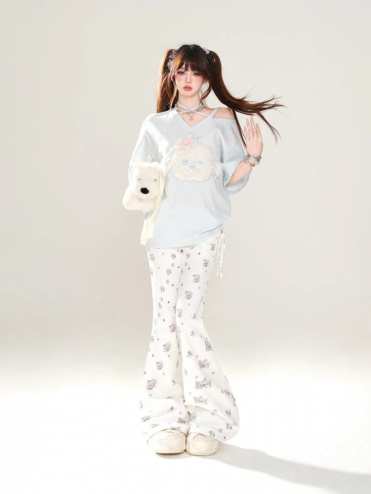 Adorable Bear and Bunny Print Drawstring Design Side White Glamorous Flared Pants