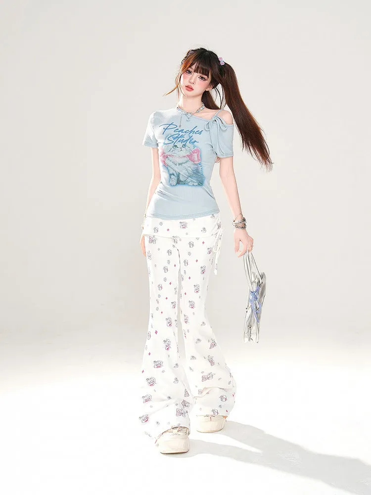 Adorable Bear and Bunny Print Drawstring Design Side White Glamorous Flared Pants