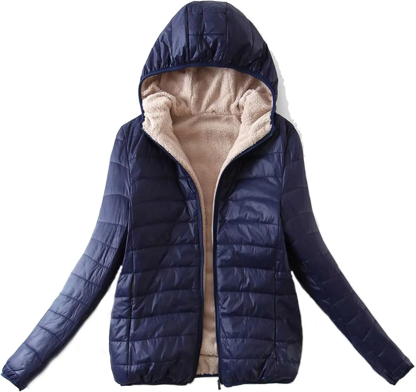Akklian Womens Padded Cotton Puffer Jacket Winter Slim Fit Down Jackets & Parkas Zip Up Hooded Coat Sherpa Thermal Plush Tops