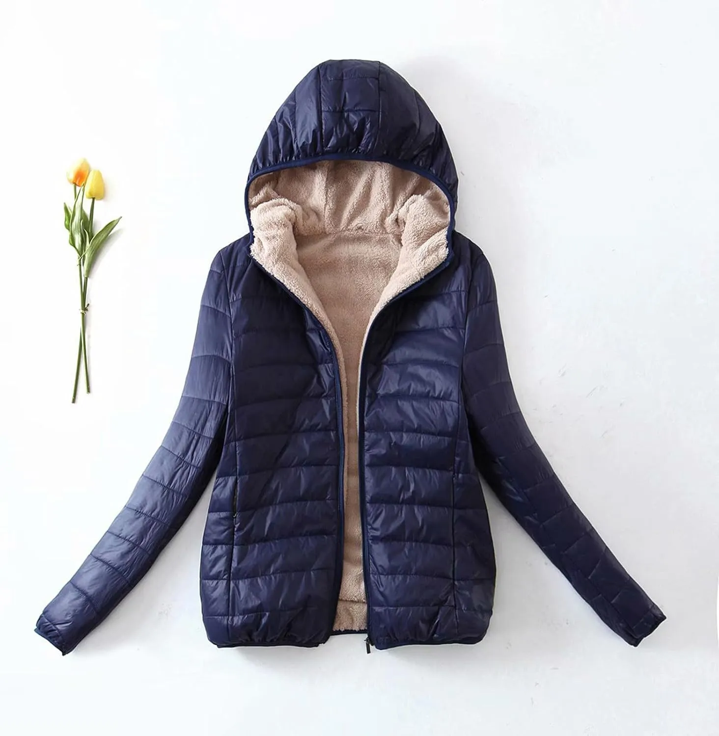 Akklian Womens Padded Cotton Puffer Jacket Winter Slim Fit Down Jackets & Parkas Zip Up Hooded Coat Sherpa Thermal Plush Tops