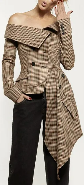 Asymmetrical Off-the-Shoulder Plaid Blazer Jacket