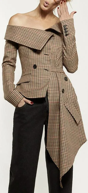 Asymmetrical Off-the-Shoulder Plaid Blazer Jacket