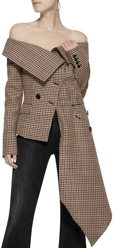 Asymmetrical Off-the-Shoulder Plaid Blazer Jacket
