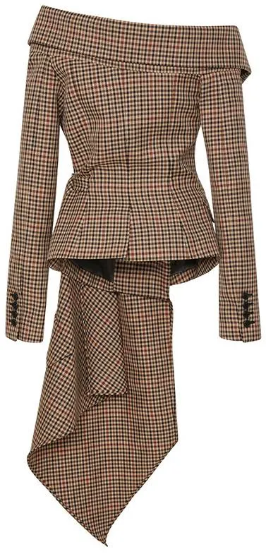 Asymmetrical Off-the-Shoulder Plaid Blazer Jacket