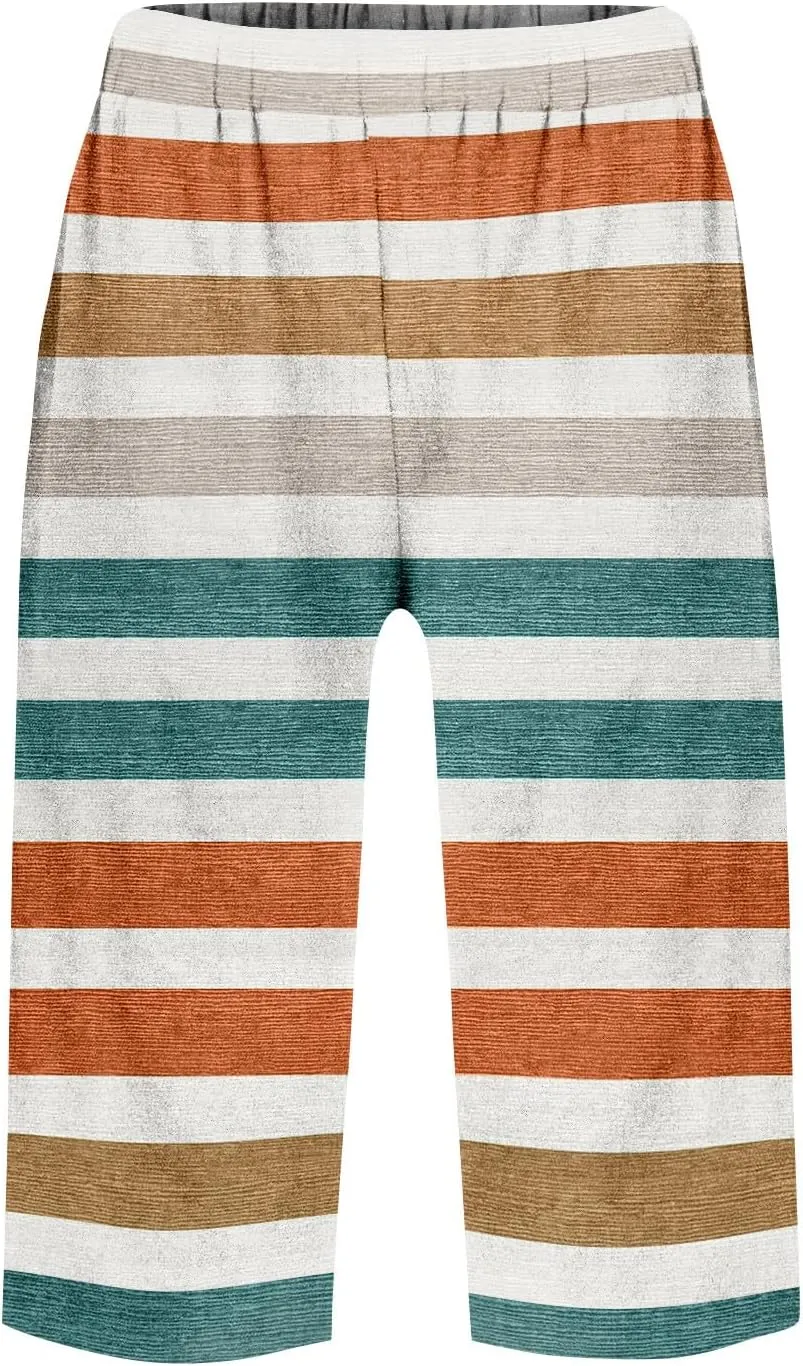 Bermuda Shorts for Women Knee Length Cotton Linen Elastic Waist Drawstring Casual Summer Capri Pants with Pockets