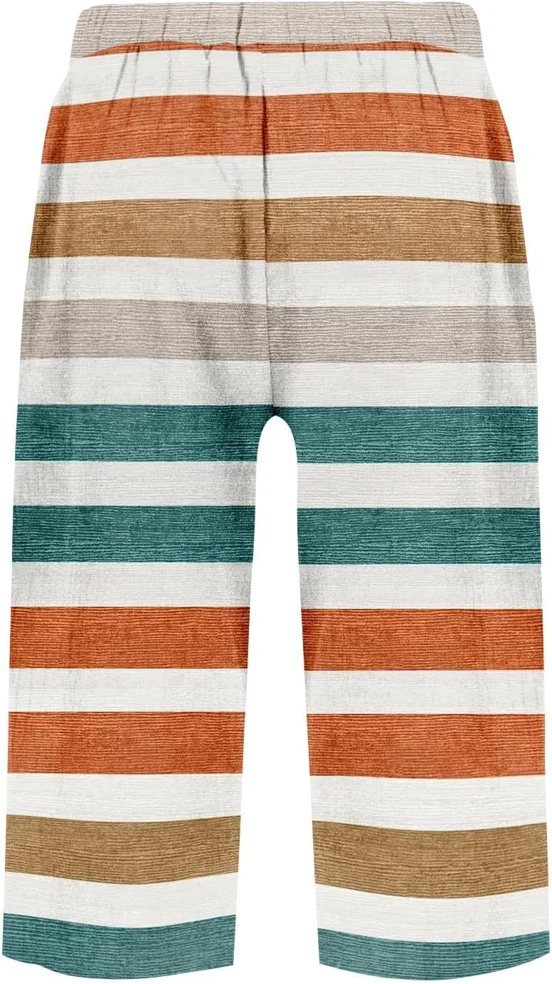 Bermuda Shorts for Women Knee Length Cotton Linen Elastic Waist Drawstring Casual Summer Capri Pants with Pockets