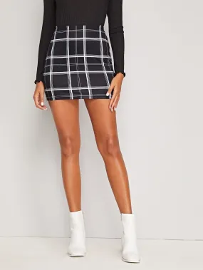 Black and White High Waist Plaid Print Bodycon Mini Skirt