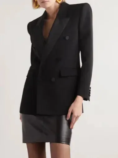 Black Double-Breasted Wool-Blend Blazer with Satin Trim