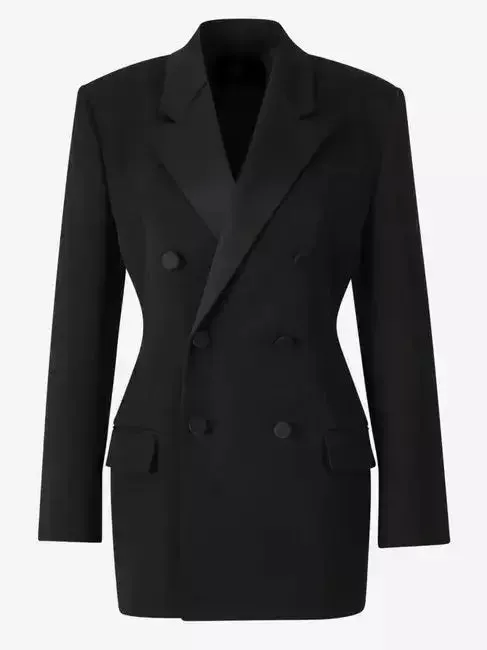 Black Double-Breasted Wool-Blend Blazer with Satin Trim