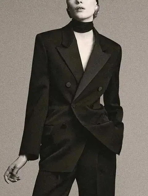 Black Double-Breasted Wool-Blend Blazer with Satin Trim