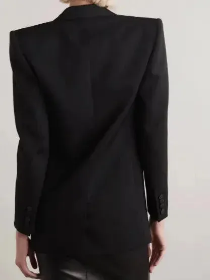 Black Double-Breasted Wool-Blend Blazer with Satin Trim
