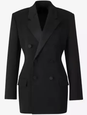 Black Double-Breasted Wool-Blend Blazer with Satin Trim