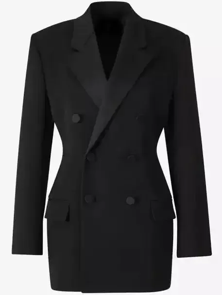 Black Double-Breasted Wool-Blend Blazer with Satin Trim