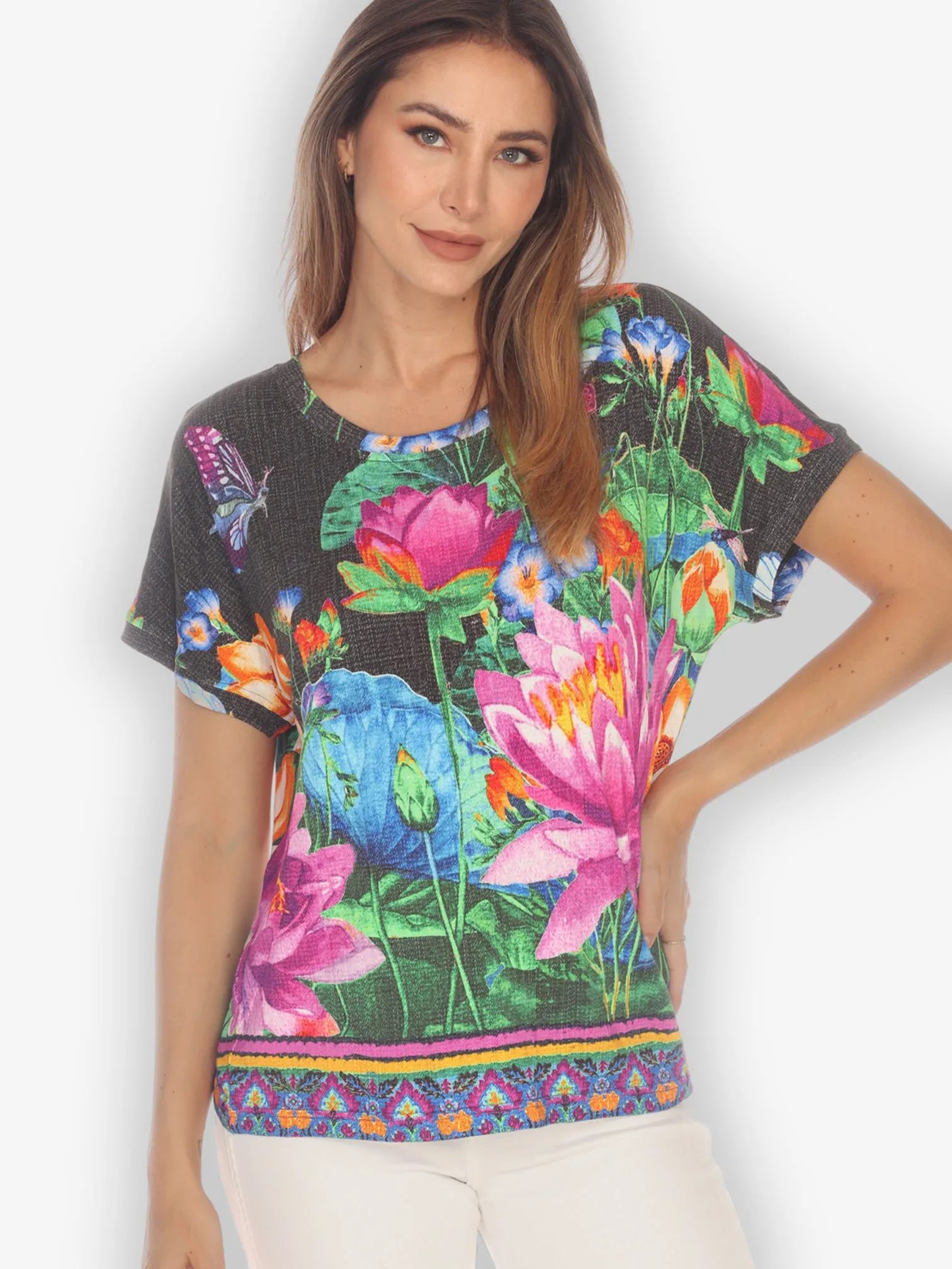 Botanical Butterfly Black Exclusive Cap Sleeves Tee