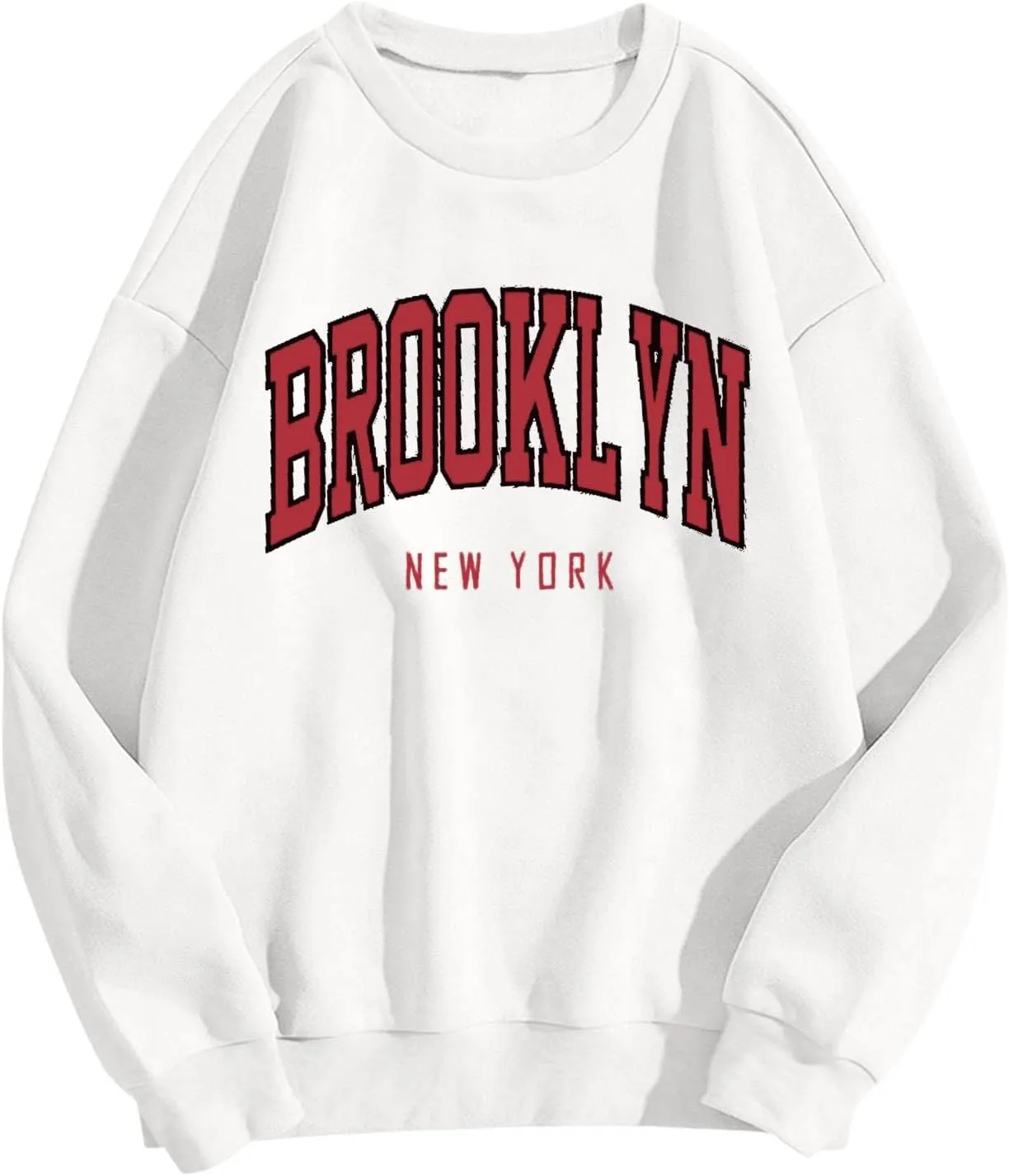 BROOKLYN Sweatshirts for Women Letter Print Crewneck Fleece Loose Fit Pullover Tops Fall Trendy Long Sleeve Tunic Blouse