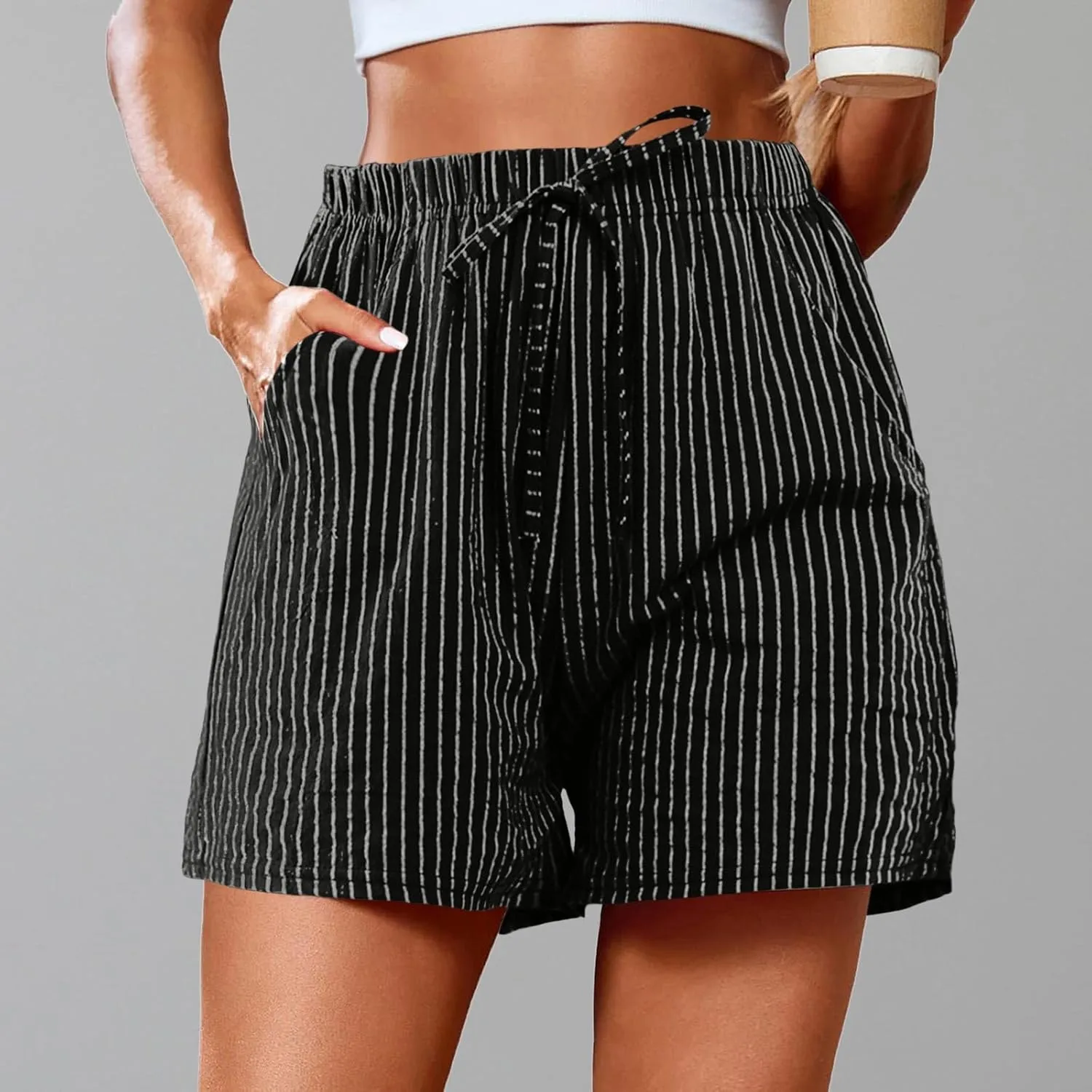 cooki Linen Shorts for Women Summer Casual High Waist Wide Leg Drawstring Striped Shorts with Pockets Elastic Beach Shorts