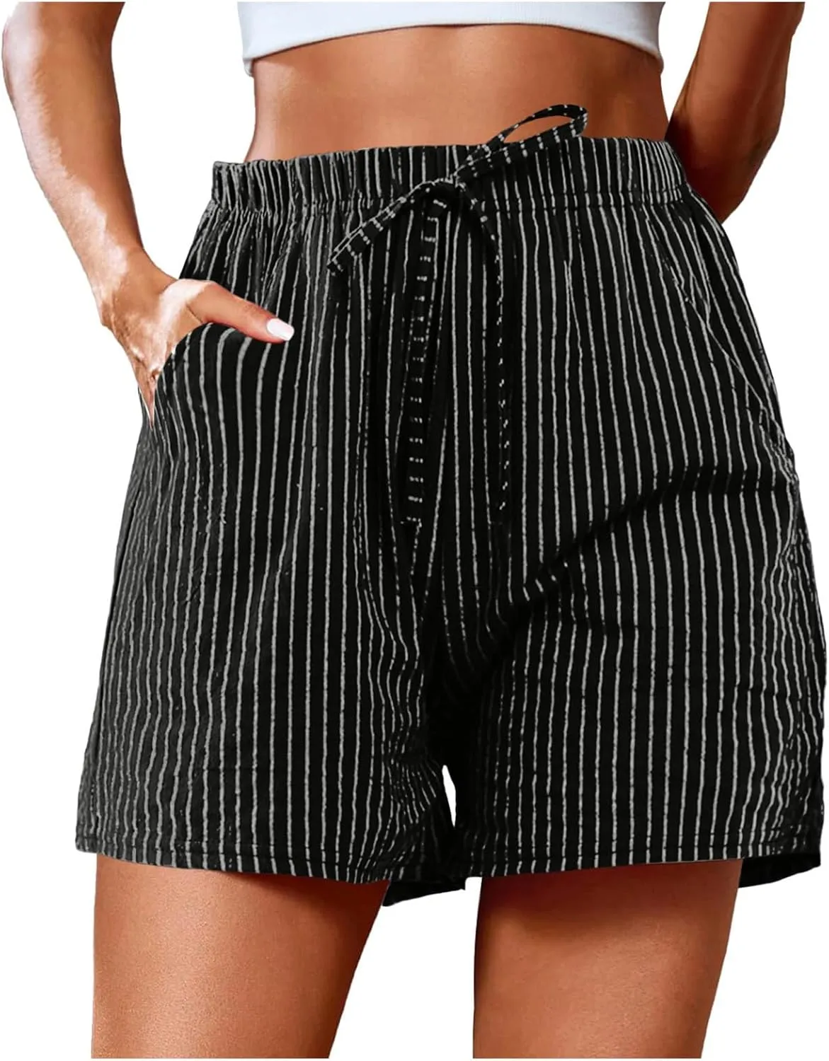 cooki Linen Shorts for Women Summer Casual High Waist Wide Leg Drawstring Striped Shorts with Pockets Elastic Beach Shorts