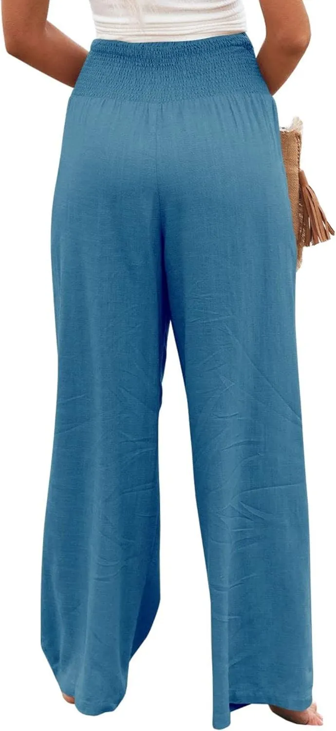 Cotton Linen Palazzo Pants for Women Summer High Waisted Wide Leg Long Casual Baggy Pant Loose Trousers with Pockets