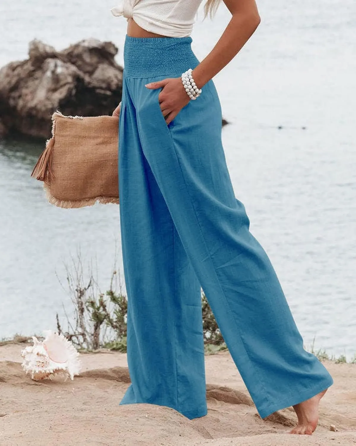 Cotton Linen Palazzo Pants for Women Summer High Waisted Wide Leg Long Casual Baggy Pant Loose Trousers with Pockets