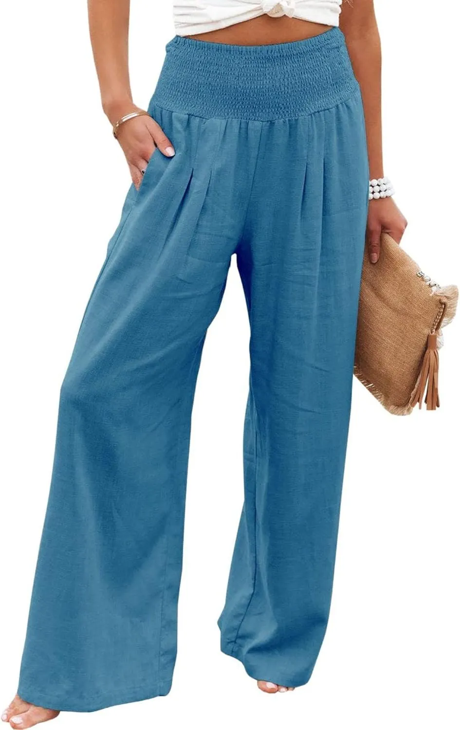 Cotton Linen Palazzo Pants for Women Summer High Waisted Wide Leg Long Casual Baggy Pant Loose Trousers with Pockets