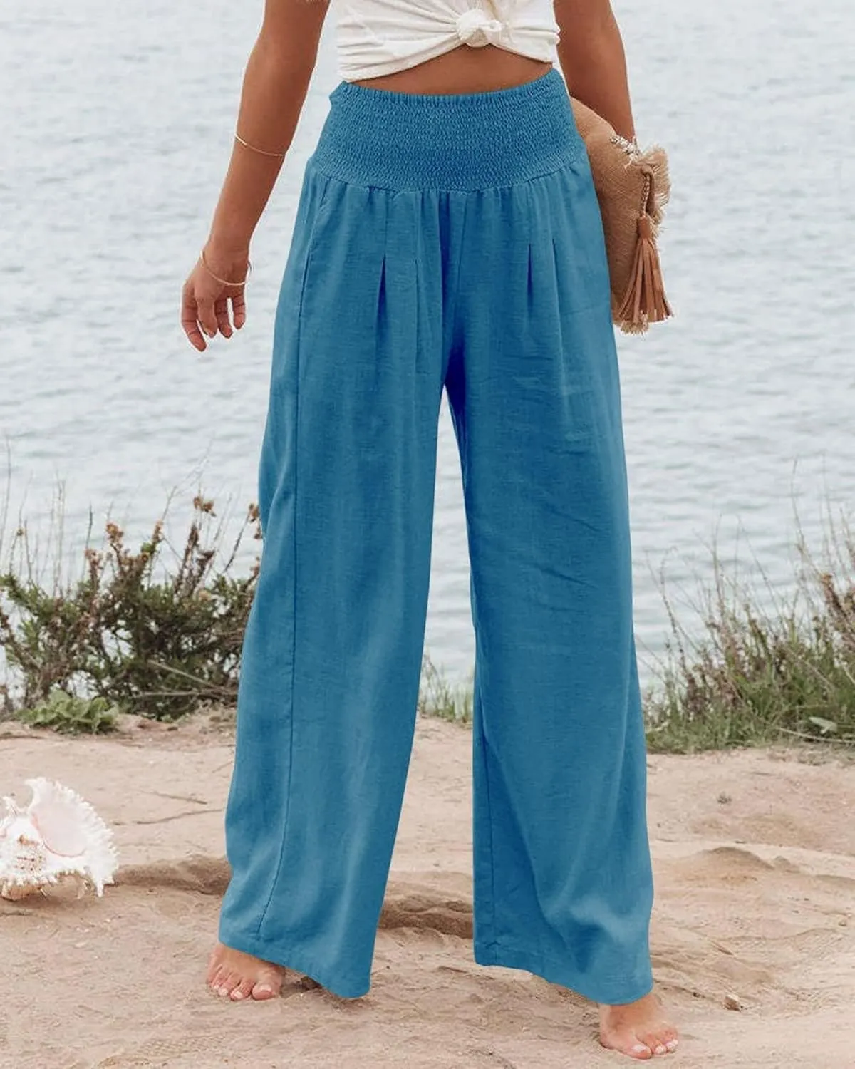 Cotton Linen Palazzo Pants for Women Summer High Waisted Wide Leg Long Casual Baggy Pant Loose Trousers with Pockets