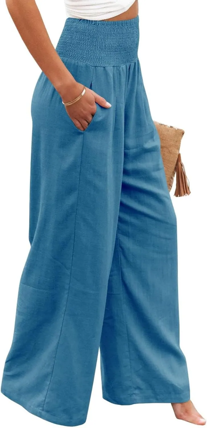Cotton Linen Palazzo Pants for Women Summer High Waisted Wide Leg Long Casual Baggy Pant Loose Trousers with Pockets