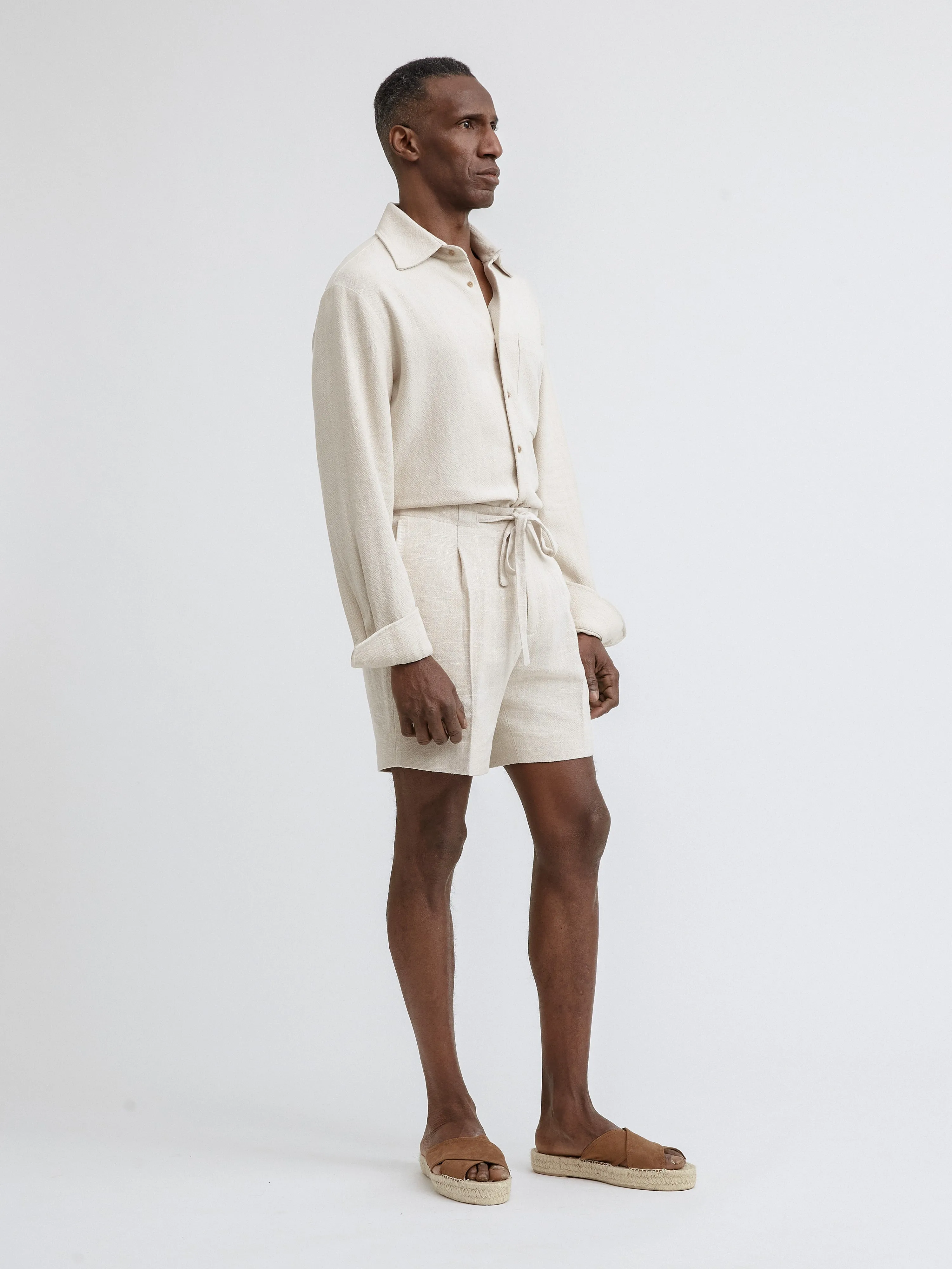 Cream Stonewashed Linen Drawstring Shorts (Wide Fit)