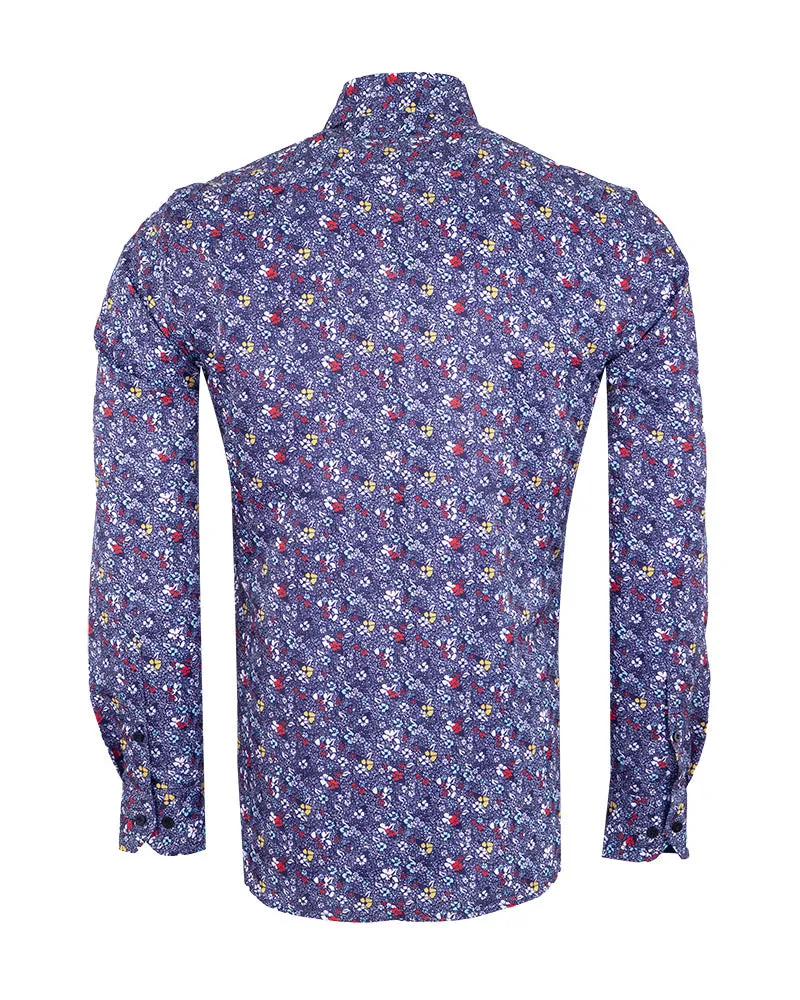 Dark Blue Colourful Floral Print Shirt