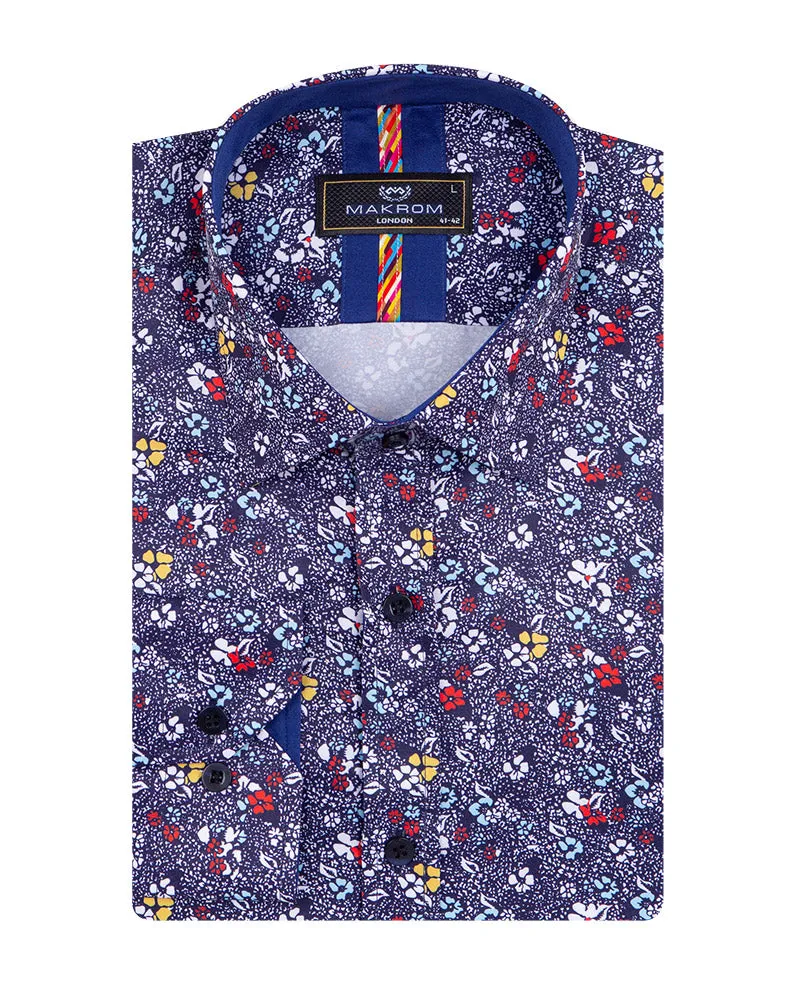 Dark Blue Colourful Floral Print Shirt