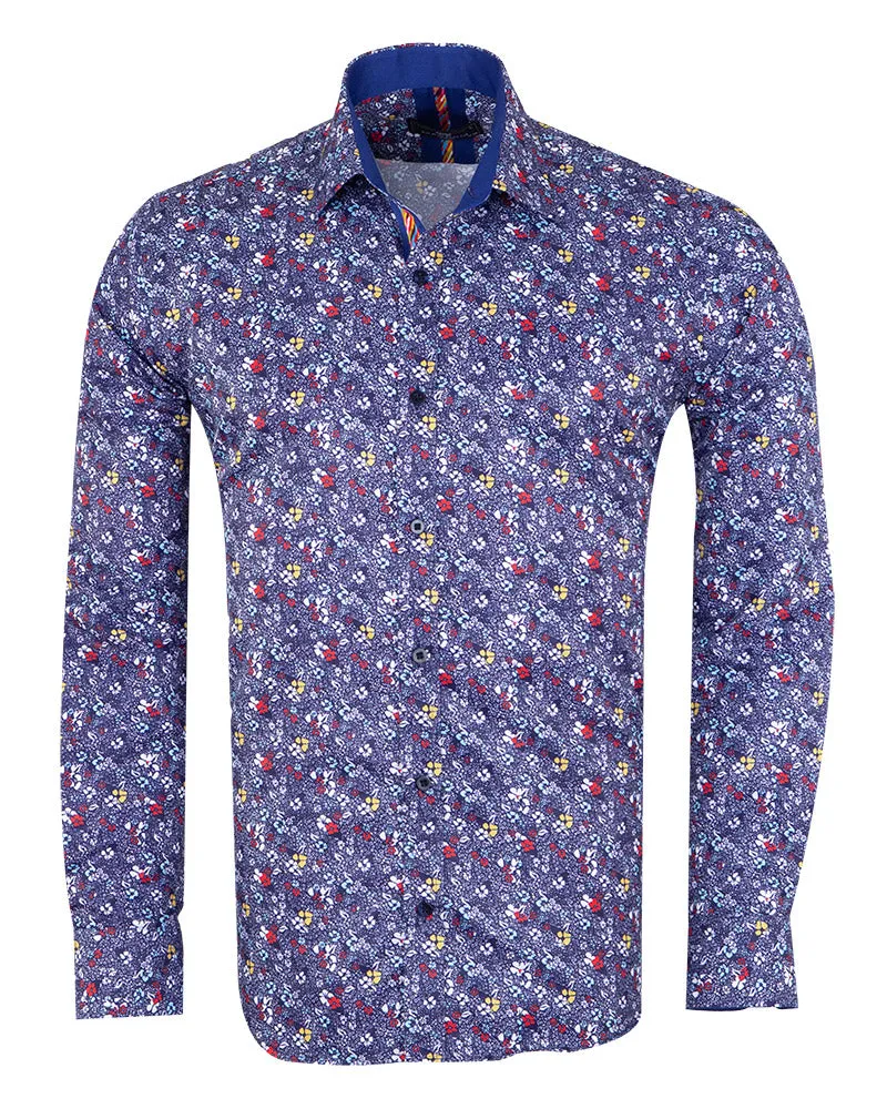 Dark Blue Colourful Floral Print Shirt