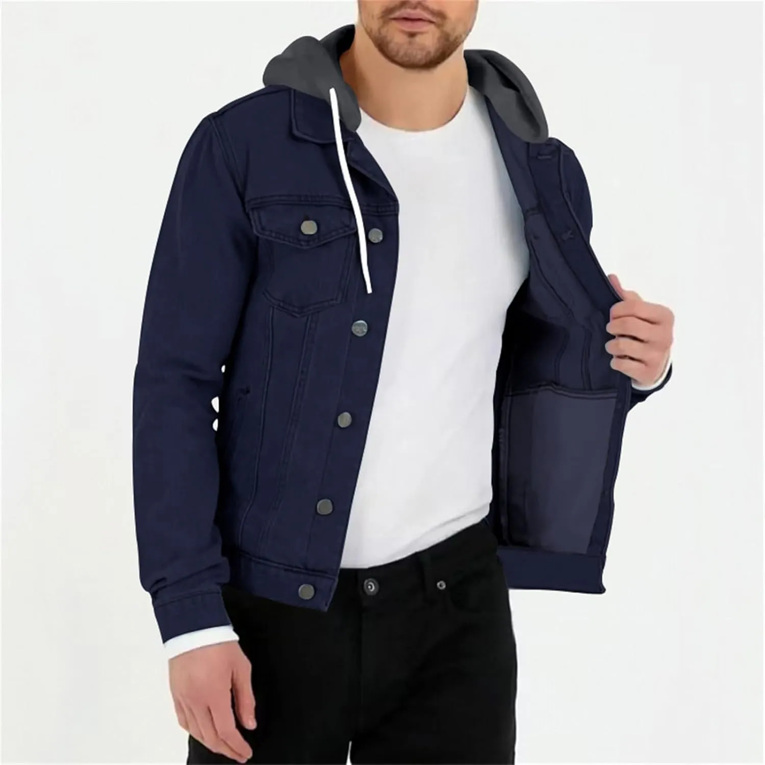 Denim Jacket Men Hoodie Casual Classic Slim Fit Distressed Jean Jacket Long Sleeve Hooded Trucker Jackets Outwear