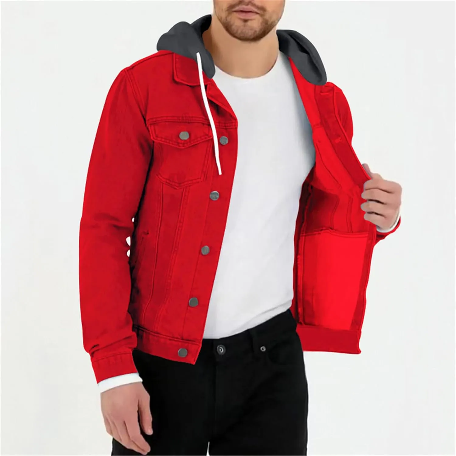 Denim Jacket Men Hoodie Casual Classic Slim Fit Distressed Jean Jacket Long Sleeve Hooded Trucker Jackets Outwear