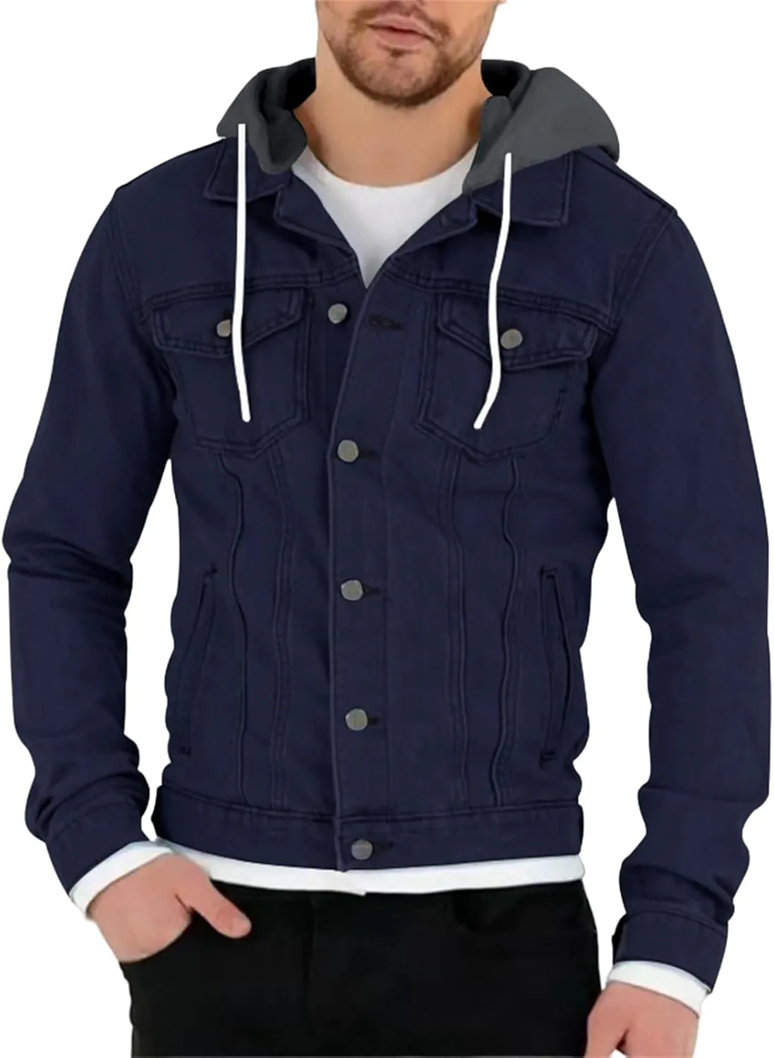 Denim Jacket Men Hoodie Casual Classic Slim Fit Distressed Jean Jacket Long Sleeve Hooded Trucker Jackets Outwear