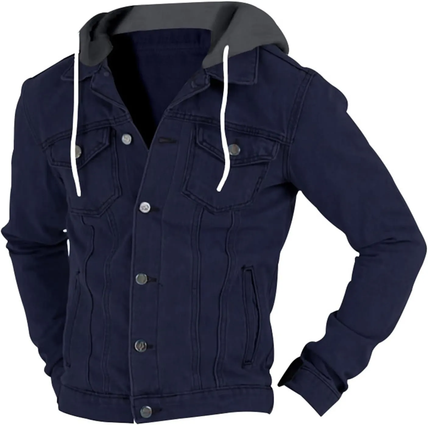 Denim Jacket Men Hoodie Casual Classic Slim Fit Distressed Jean Jacket Long Sleeve Hooded Trucker Jackets Outwear