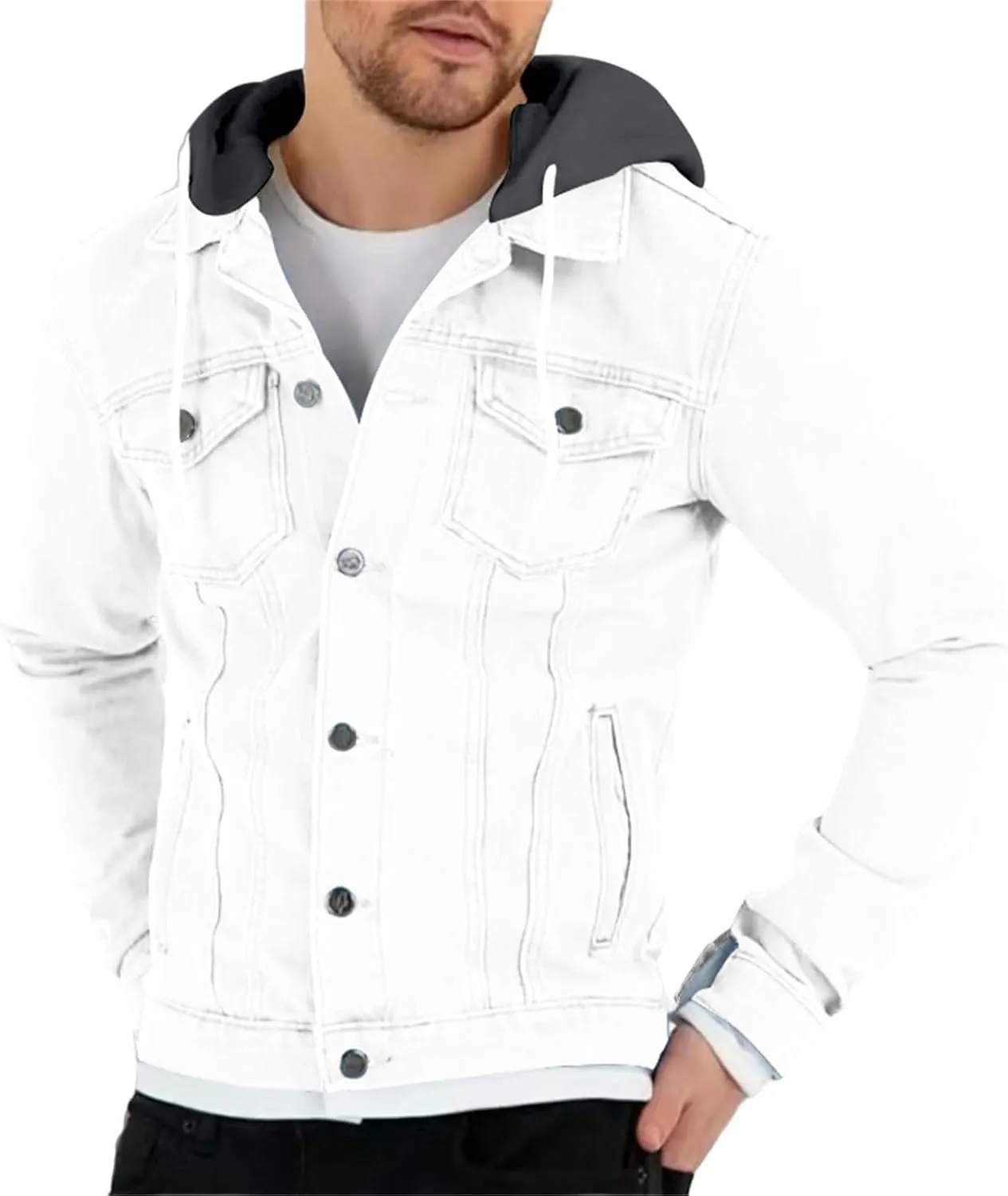 Denim Jacket Men Hoodie Casual Classic Slim Fit Distressed Jean Jacket Long Sleeve Hooded Trucker Jackets Outwear