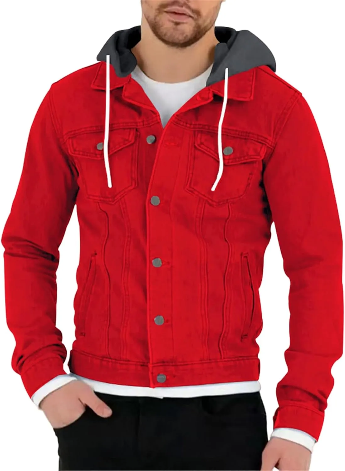 Denim Jacket Men Hoodie Casual Classic Slim Fit Distressed Jean Jacket Long Sleeve Hooded Trucker Jackets Outwear