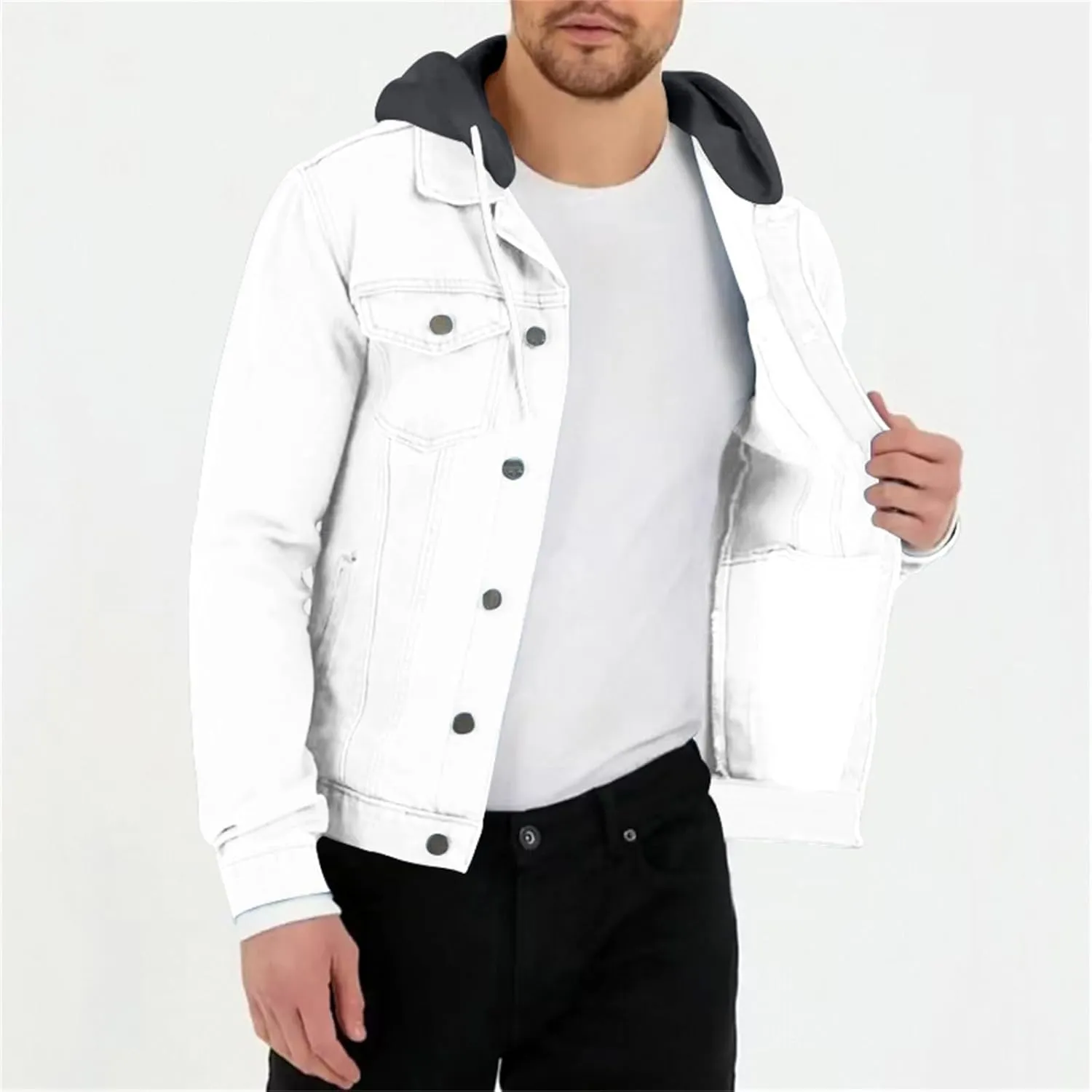Denim Jacket Men Hoodie Casual Classic Slim Fit Distressed Jean Jacket Long Sleeve Hooded Trucker Jackets Outwear
