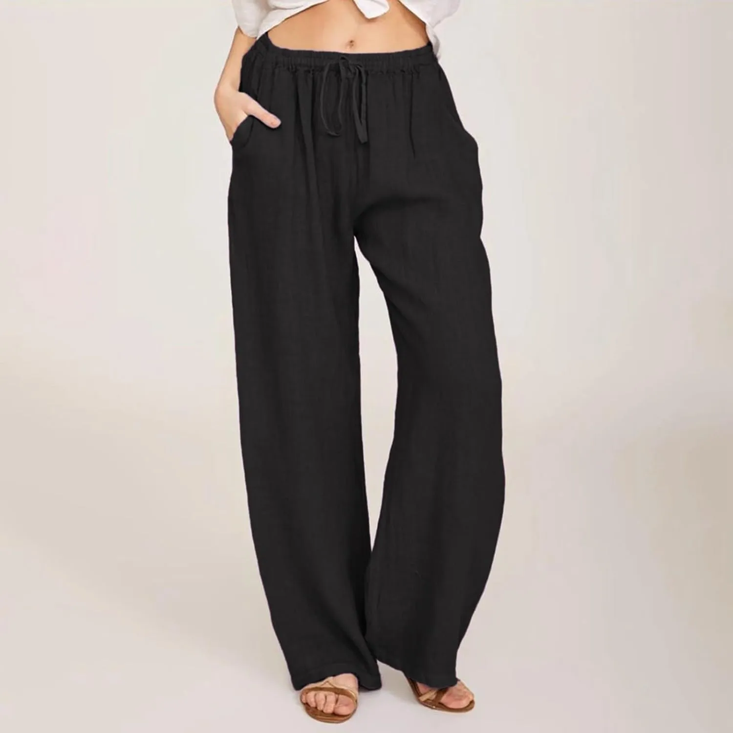 GOFULY Pants for Women Trendy Elastic Waist Drawstring Sumemr Pants Straight Wide Leg High Waisted with Pockets Slacks Clothe
