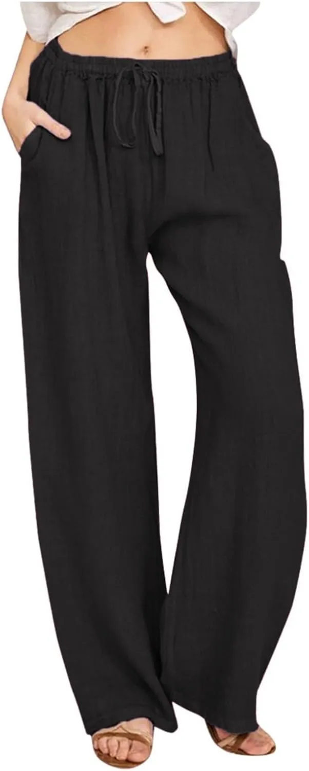 GOFULY Pants for Women Trendy Elastic Waist Drawstring Sumemr Pants Straight Wide Leg High Waisted with Pockets Slacks Clothe