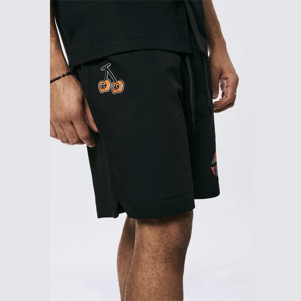 Graphic Heavy Textured Twill Shorts - Black