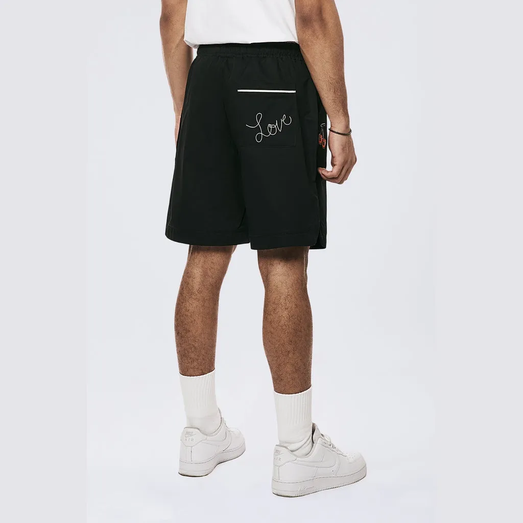 Graphic Heavy Textured Twill Shorts - Black