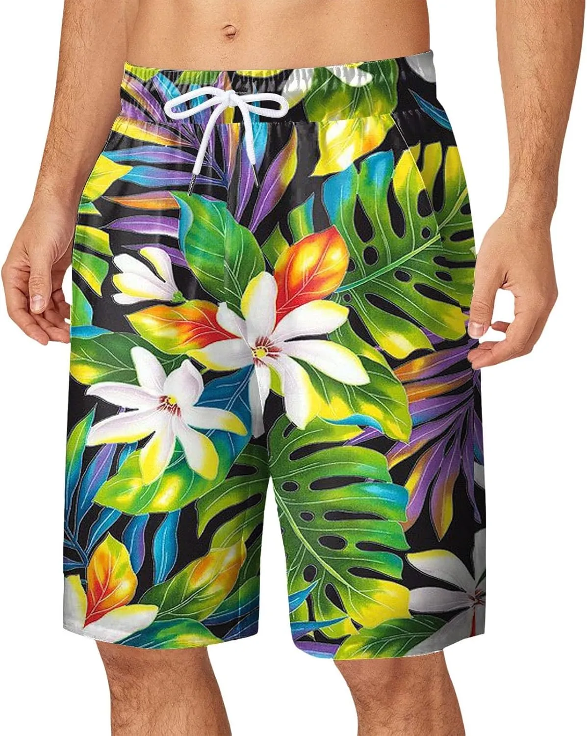 Hawaiian Shorts for Men Funny Print Casual Fashion Beach Shorts with Pockets Elastic Waist Drawstring Floral Board Shorts
