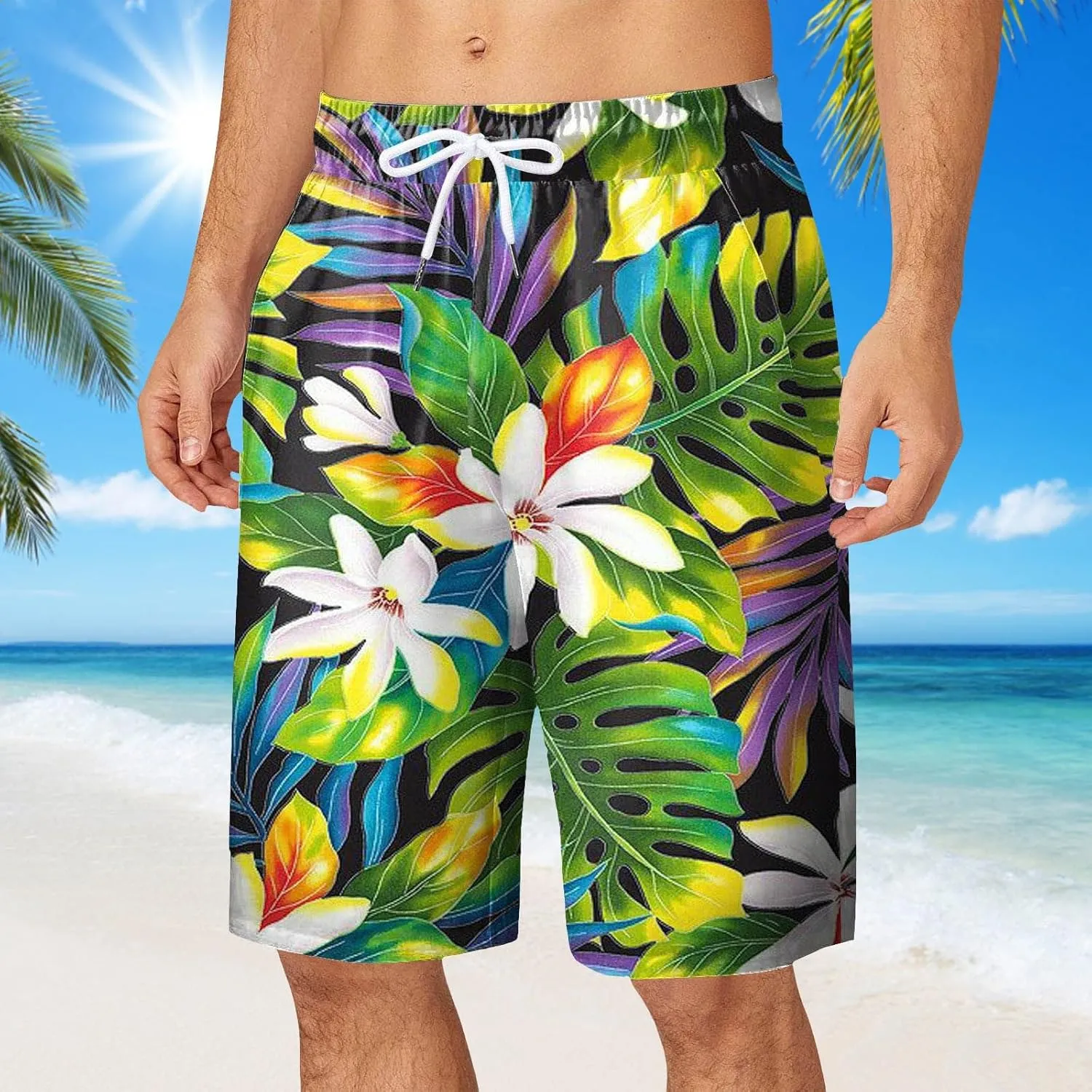 Hawaiian Shorts for Men Funny Print Casual Fashion Beach Shorts with Pockets Elastic Waist Drawstring Floral Board Shorts