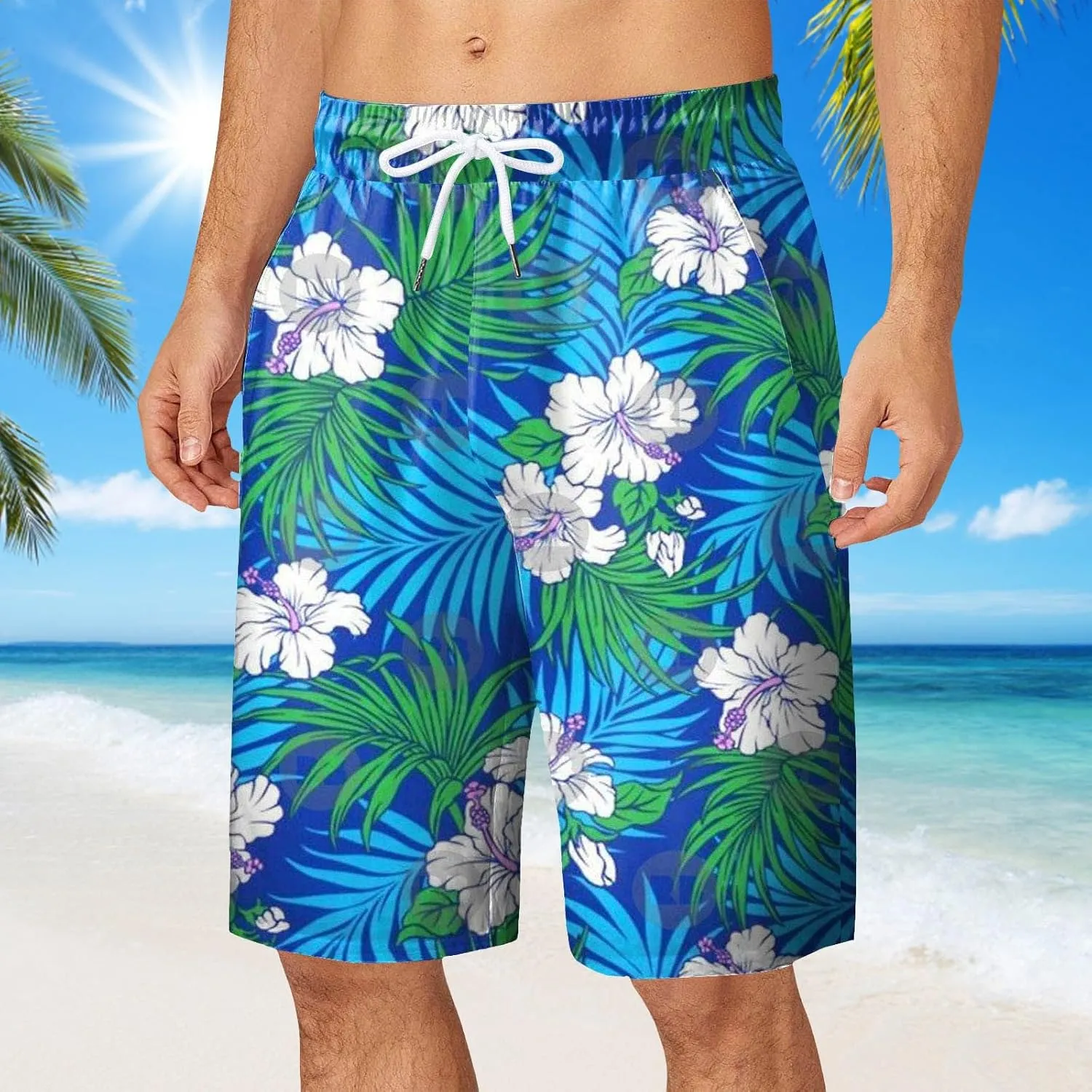 Hawaiian Shorts for Men Funny Print Casual Fashion Beach Shorts with Pockets Elastic Waist Drawstring Floral Board Shorts