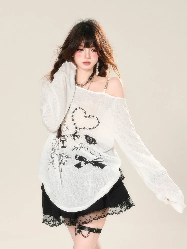 Korean-Style Sheer Off-Shoulder Sun-Protective Loose Cover-Up Shirt