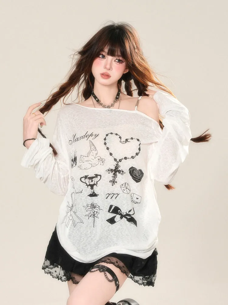 Korean-Style Sheer Off-Shoulder Sun-Protective Loose Cover-Up Shirt
