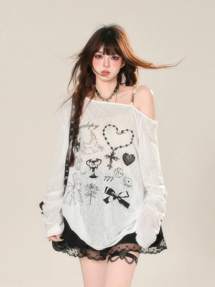 Korean-Style Sheer Off-Shoulder Sun-Protective Loose Cover-Up Shirt