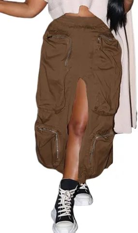 LAJIOJIO Cargo Skirts High Waisted Skirts for Women Front Split Slim Fit Casual Maxi Skirt Streetwear