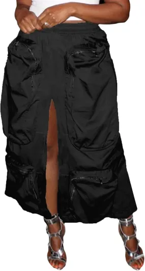 LAJIOJIO Cargo Skirts High Waisted Skirts for Women Front Split Slim Fit Casual Maxi Skirt Streetwear